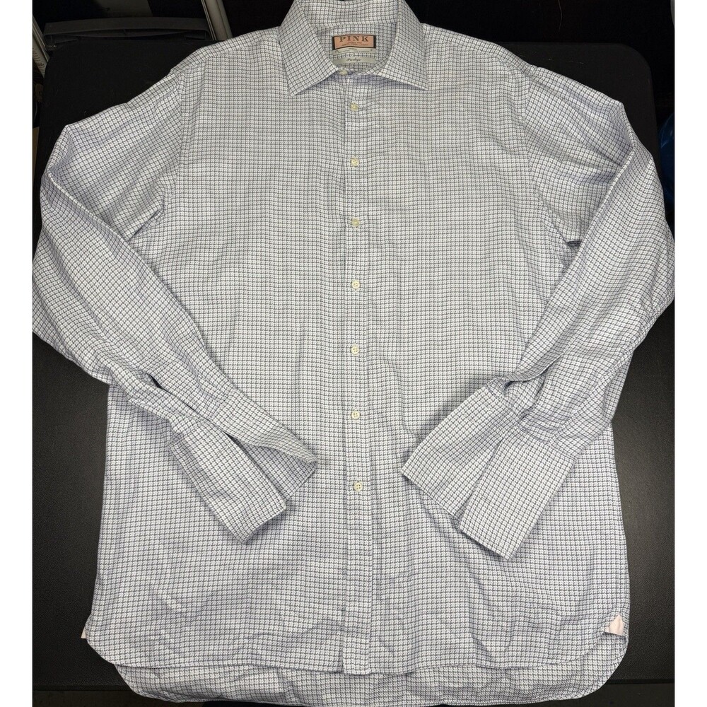 Thomas Pink Dress Shirt Mens 17.5/37 Prestige Fit Long Sleeve Blue/light Blue